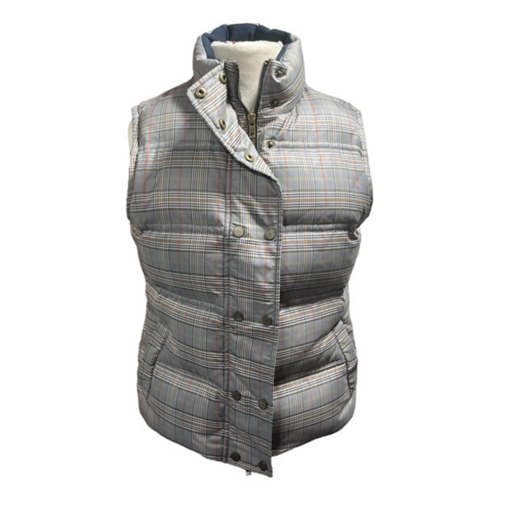 Tommy Hilfiger Grey Plaid Puffer Vest Womens Quilted Zip Snap Front Outerwear